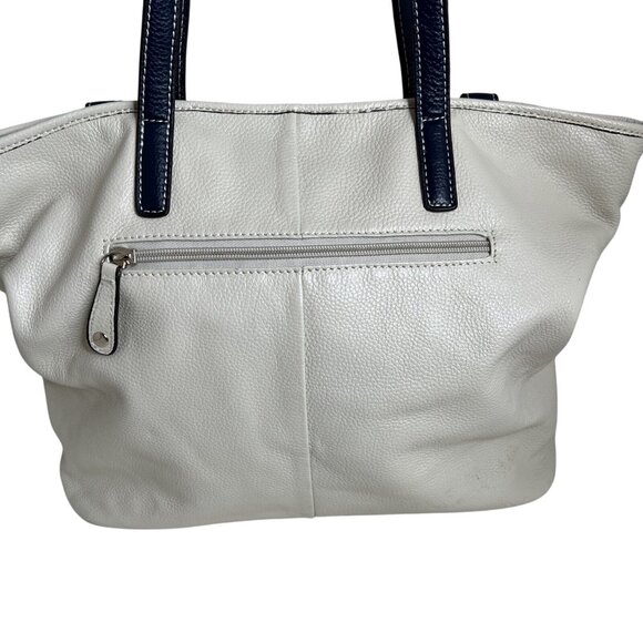 Rowallan White & Navy Leather Tote Bag With Metal Logo Plate - Picture 3 of 16
